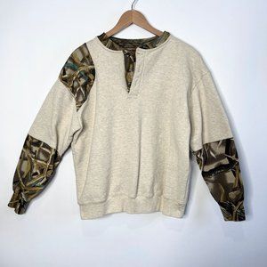 Vintage Sweatshirt Hunting Camouflage Fleece Lined Cream 1/4 Button Adult L
